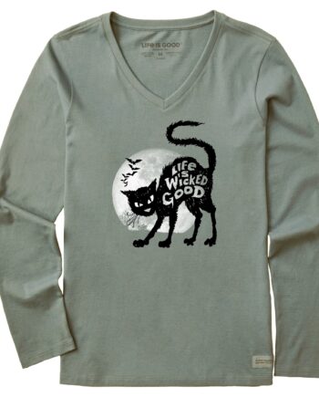 Women's Life is Wicked Good Cat Long Sleeve Crusher Vee