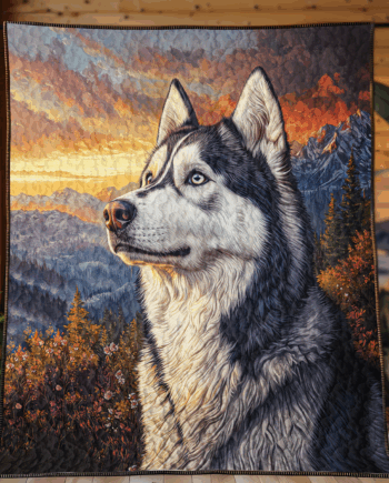Majestic Husky in Sunset Mountains Quilted Blanket BT030619