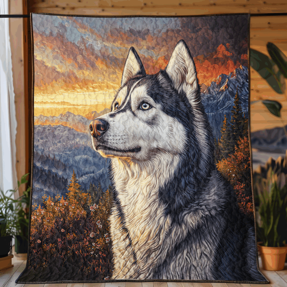 Majestic Husky in Sunset Mountains Quilted Blanket BT030619