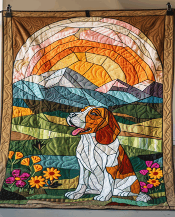 Beagle in Sunset Mountain Stained Glass Style Quilted Blanket BT030625