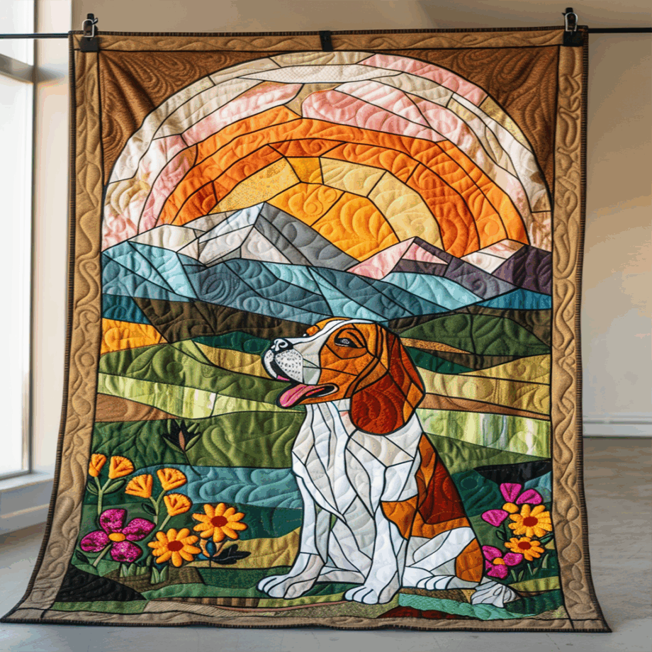 Beagle in Sunset Mountain Stained Glass Style Quilted Blanket BT030625