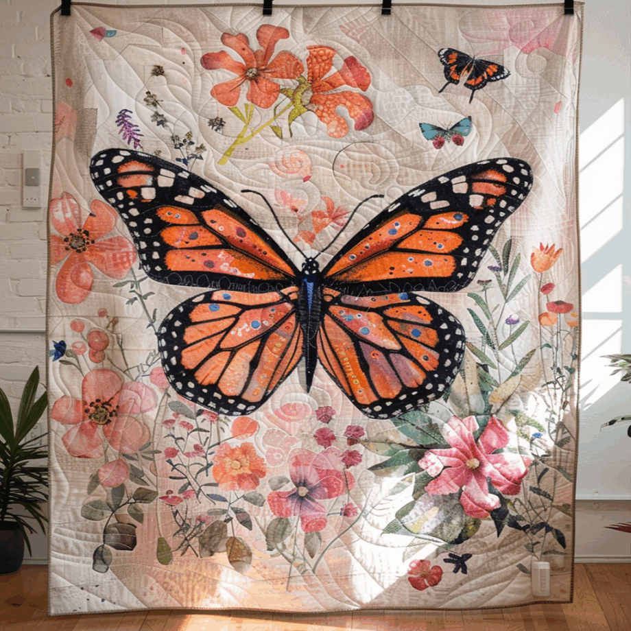 Butterfly with Wildflowers in Soft Light Quilted Blanket BT03064