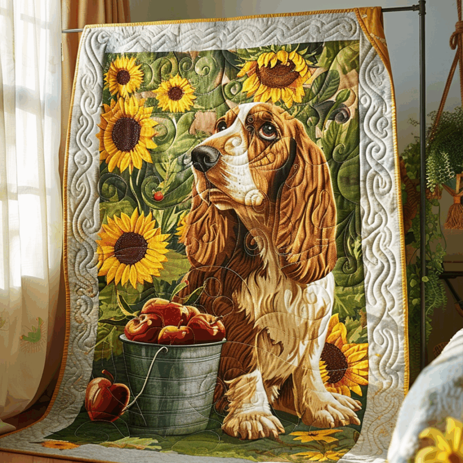 Beagle with Sunflowers and Apple Bucket Quilted Blanket BT030627