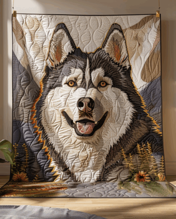 Smiling Husky in Cozy Room Quilted Blanket BT030620