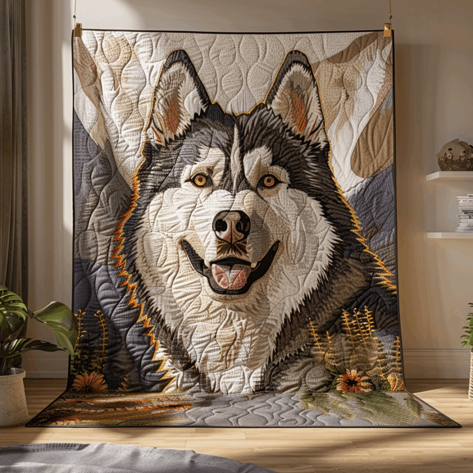 Smiling Husky in Cozy Room Quilted Blanket BT030620