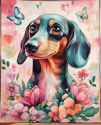 Cute Dachshund with Butterflies and Florals Quilted Blanket BT030628