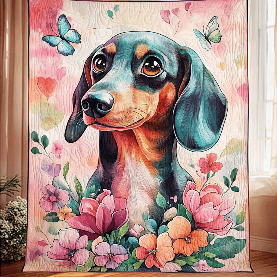 Cute Dachshund with Butterflies and Florals Quilted Blanket BT030628