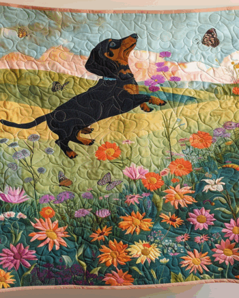 Happy Dachshund in Flower Field Quilted Blanket BT030629