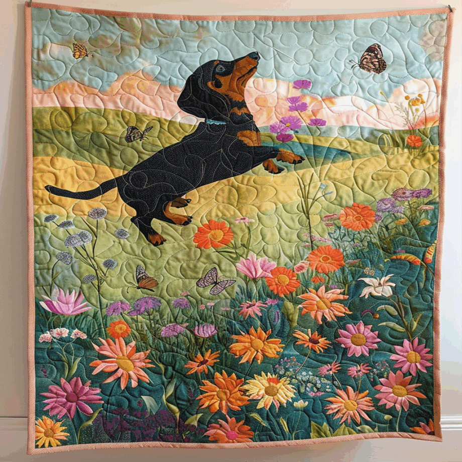 Happy Dachshund in Flower Field Quilted Blanket BT030629