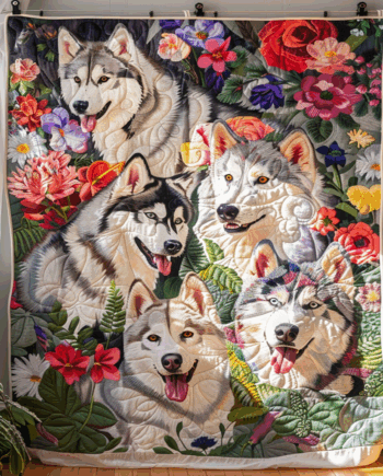 Group of Huskies Among Flowers Quilted Blanket BT030621