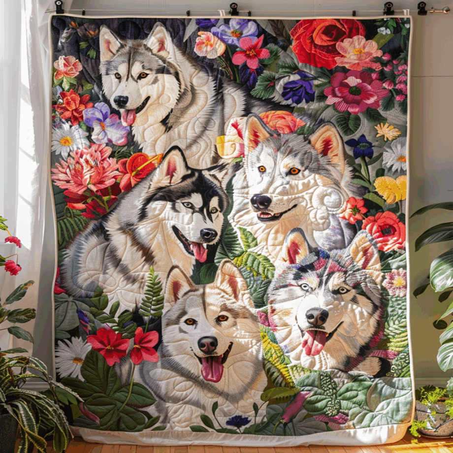 Group of Huskies Among Flowers Quilted Blanket BT030621