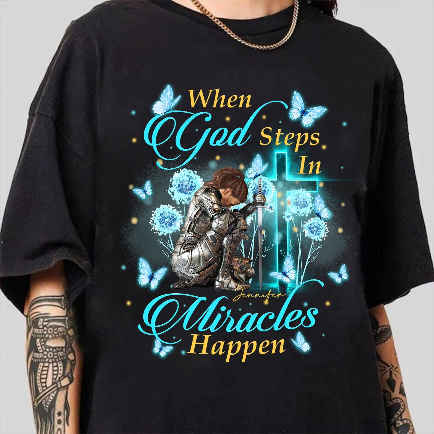 CustomWarriorOfGodWhenGodStepsInMiraclesHappen-PersonalizedChristianGiftT-Shirt1.jpg Custom Warrior Of God When God Steps In Miracles Happen - Christian Gift T-Shirt - Image 1